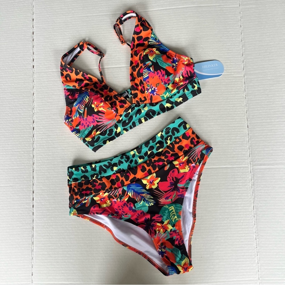 Hilinker Women's V Neck High Waisted Floral Leopard Bikini Swimsuit Set Medium